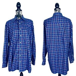 Hathaway men's purple/blue plaid cotton button down shirt size large